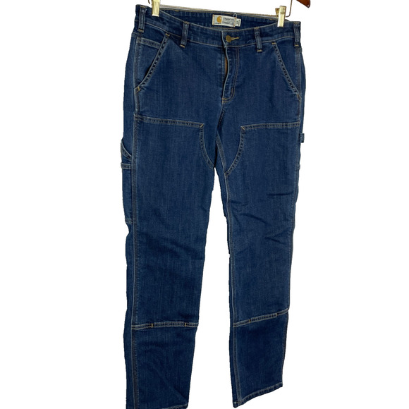 Women's 10 Carhartt Straight Leg Double Knee Dark Wash Cotton Blend Jeans - Picture 2 of 6